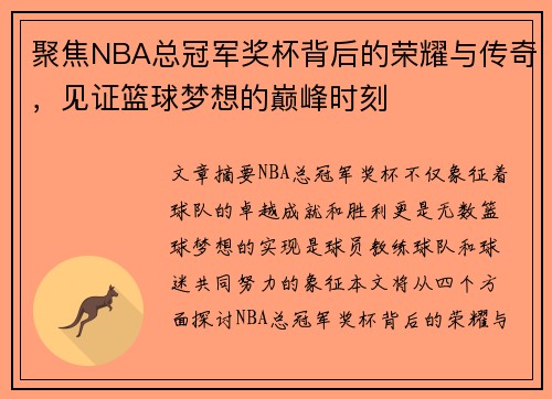 聚焦NBA总冠军奖杯背后的荣耀与传奇，见证篮球梦想的巅峰时刻