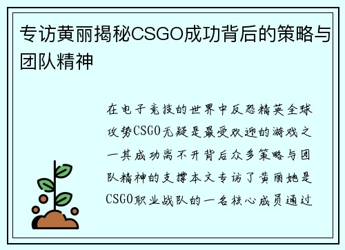专访黄丽揭秘CSGO成功背后的策略与团队精神